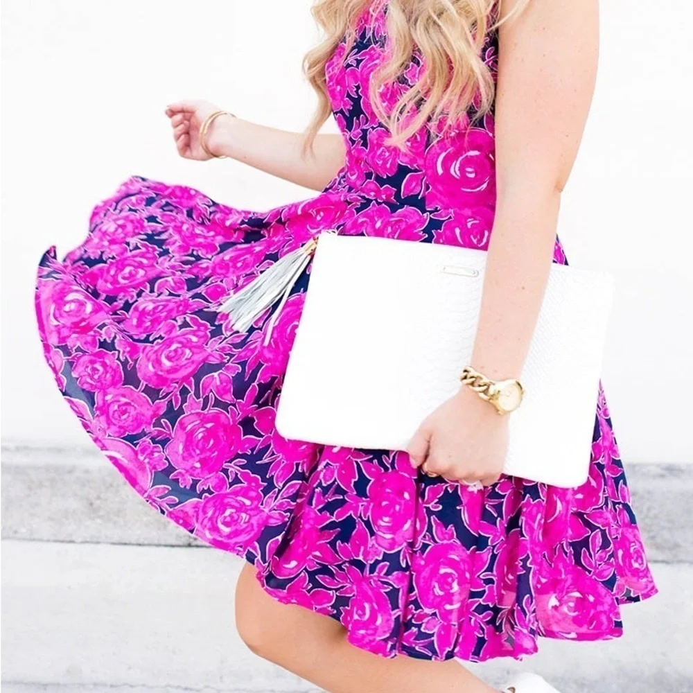 Maison Jules fit flare mini dress size small hot pink Fuscia navy blue Vacation - Picture 2 of 16